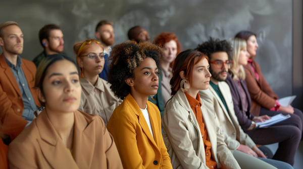 Gruppe von Menschen verschiedener Ethnien, Geschlechter und Nationalitäten, die am selben Tisch sitzen