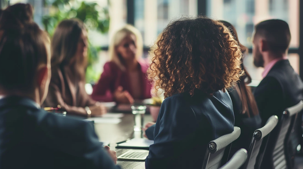 Gruppe von Menschen verschiedener Ethnien, Geschlechter und Nationalitäten, die am selben Tisch sitzen